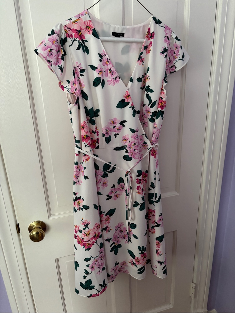 Ann Taylor Floral Wrap Dress in White with Pink Blooms